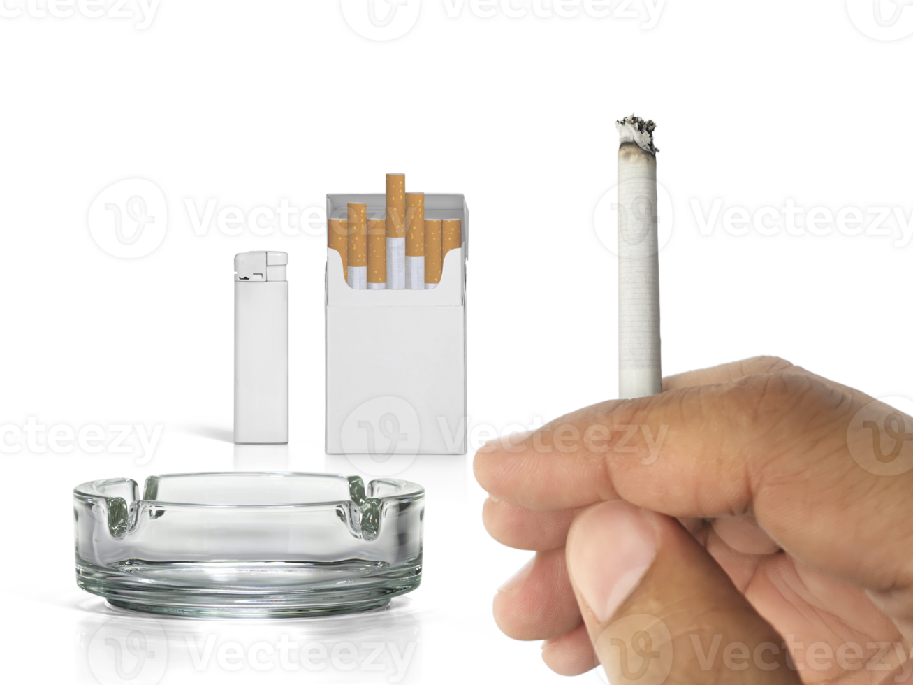 A cigarette in a hand, Cigarette pack, ashtray, and lighters on a transparent background png