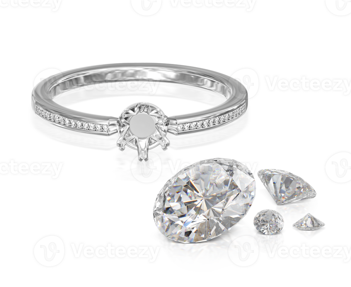 White gold or silver ring without gemstone and round diamond, transparent background png