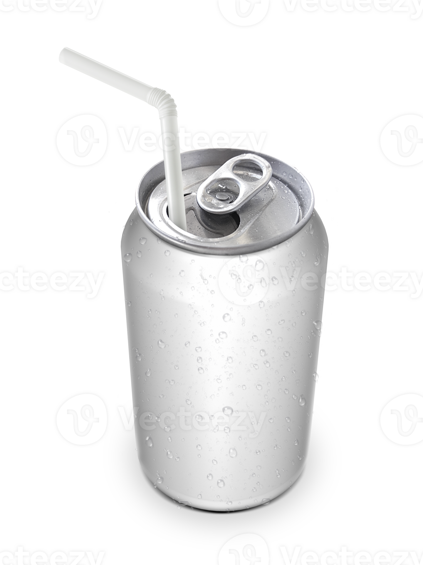 Aluminum can with the ring pull and straw transparent background