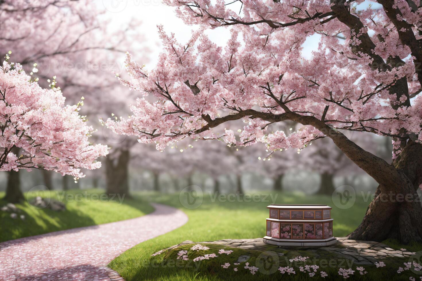 This stunning 3D render showcases a beautiful Spring Cherry Blossom Product Display Podium with an empty scene and a Sakura branch perfect for showcasing natural products. . photo