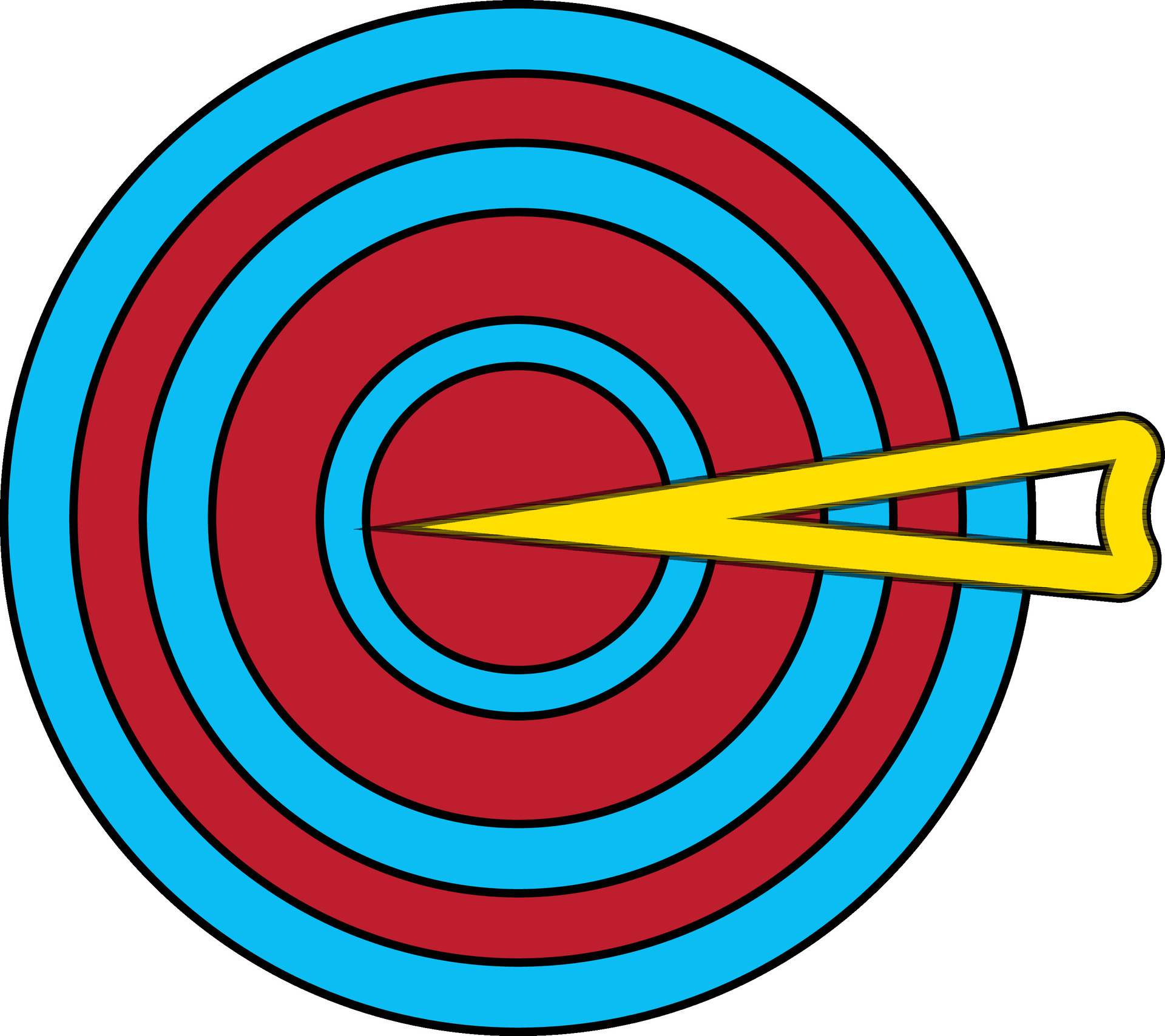 Yellow target arrow with blue and red bullseye in black line art