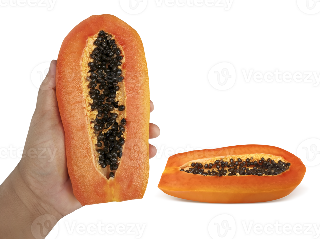 Male hand holding a half of ripe papaya, transparent background png