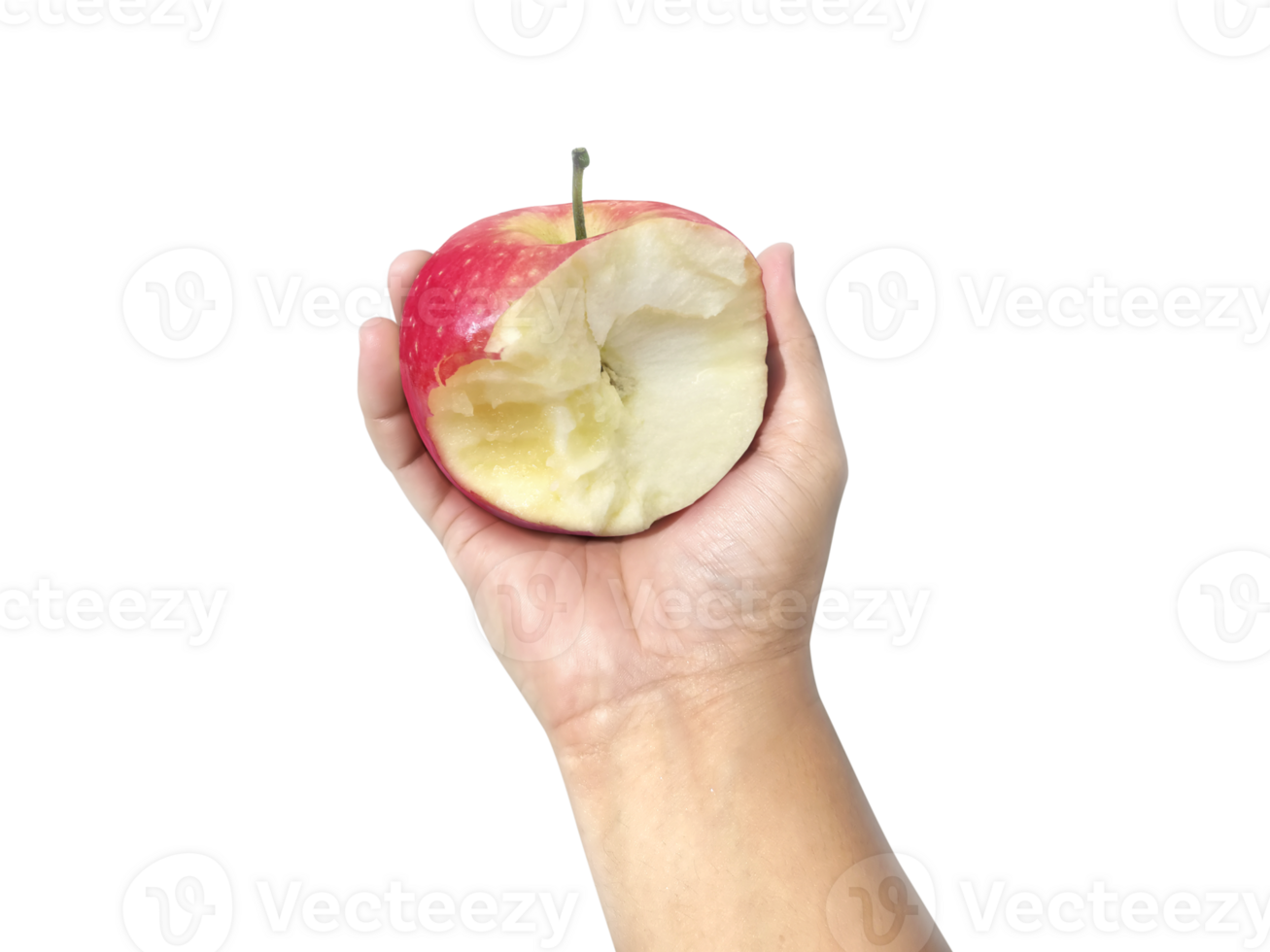 Red apple with missing a bite in hand, transparent background png