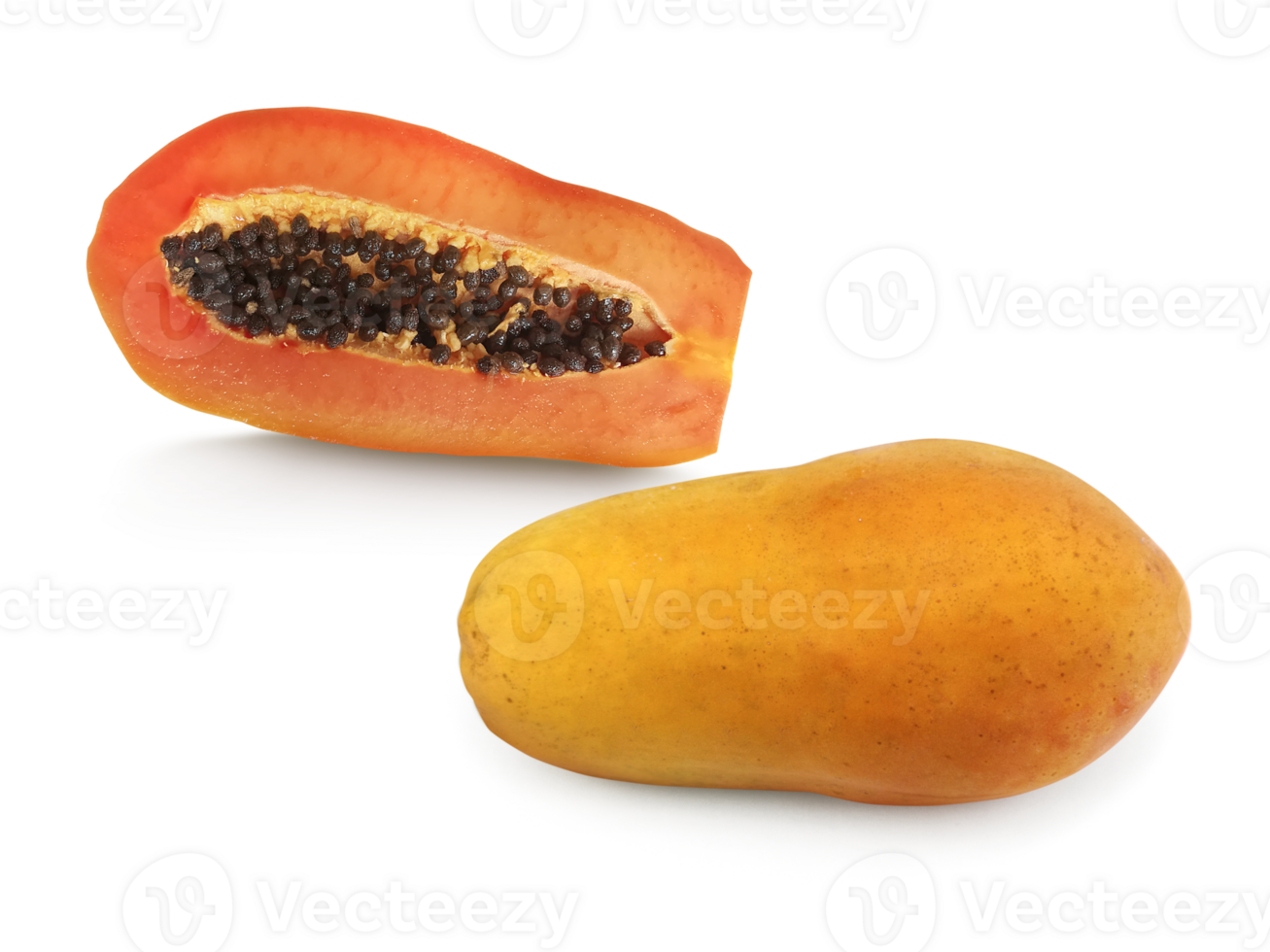 whole and half ripe papaya fruit with seeds, transparent background png