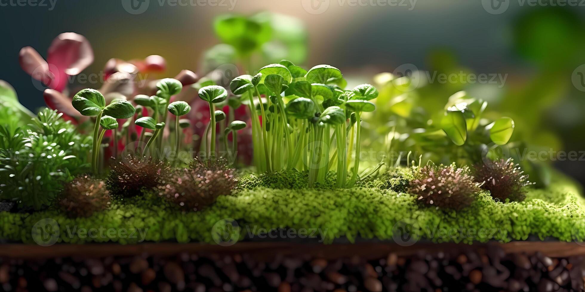 Microgreens plant superfood, copy space blurred background, photo