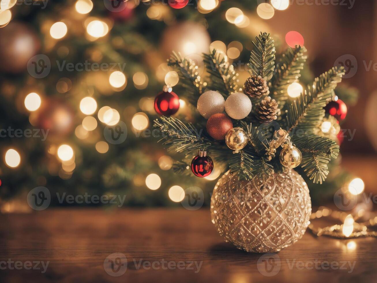 Impression of Vintage Christmas Decorations on a Wooden Table . . photo