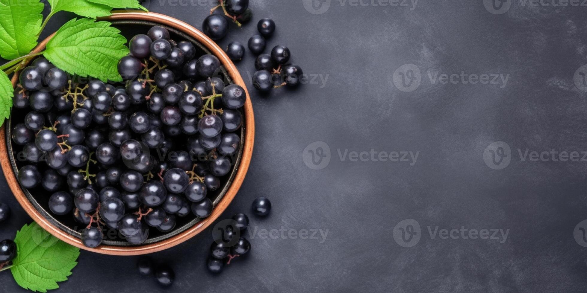 Black currant fruit on bowl and dark table, copy space, background, Generative AI photo