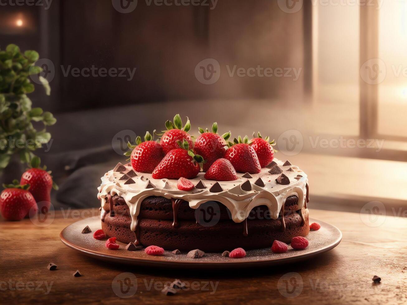 Decadent Chocolate Cake with Fresh Strawberries . . photo