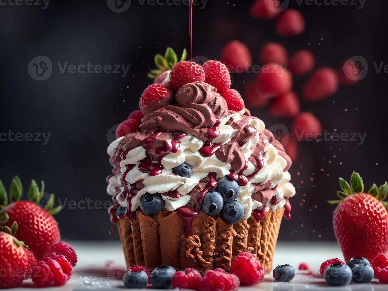 Assorted Berry and Chocolate Ice Cream Summer Dessert . . photo