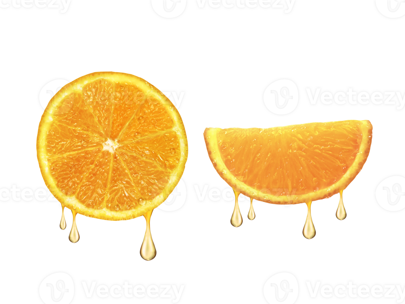 drops of juice falling from orange half, transparent background png