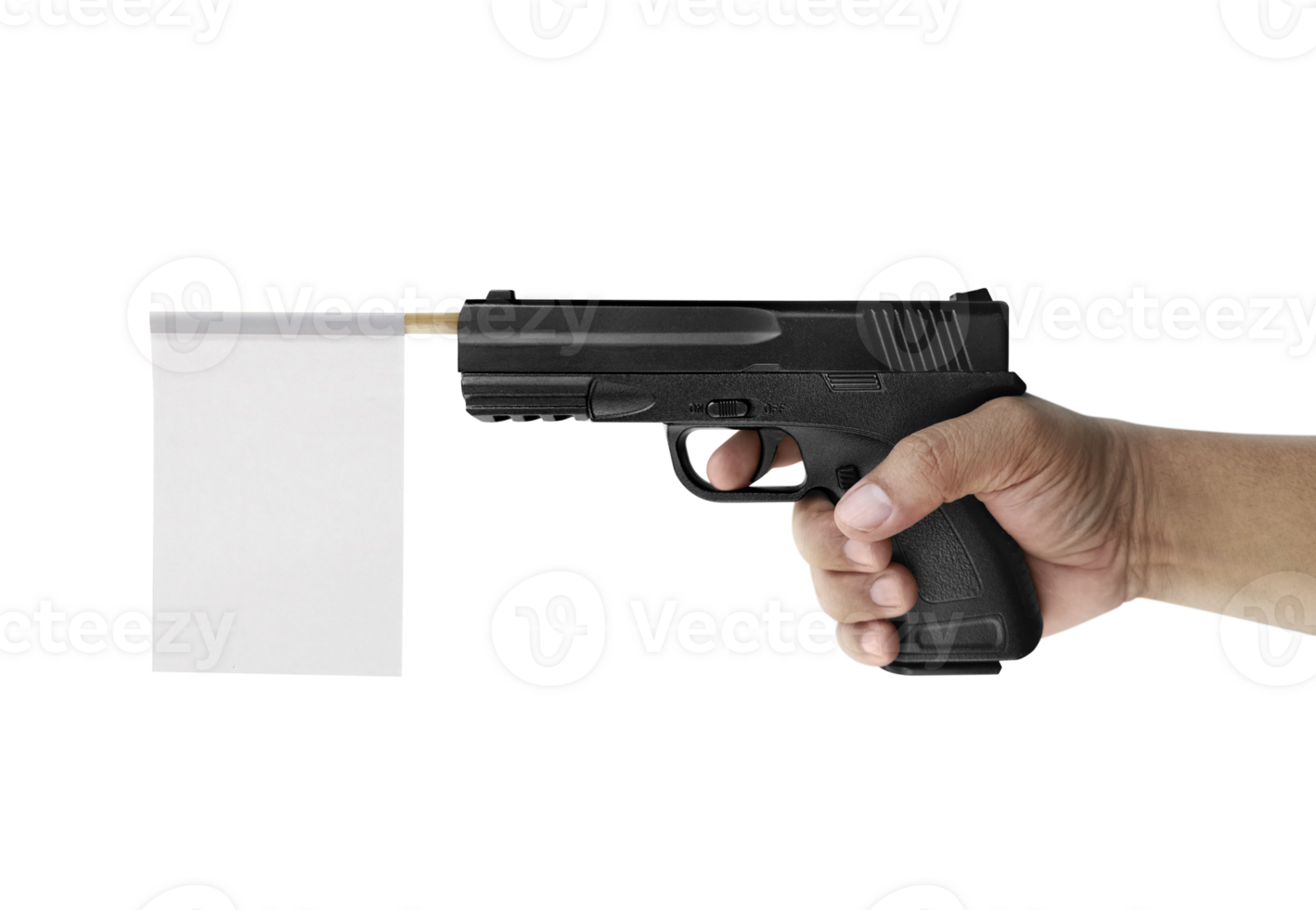 Hand holding gun with paper flag on, transparent background png