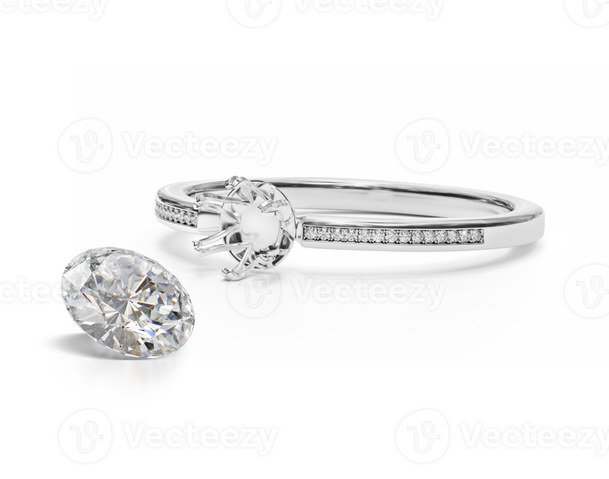 White gold or silver ring without gemstone and round diamond, transparent background png