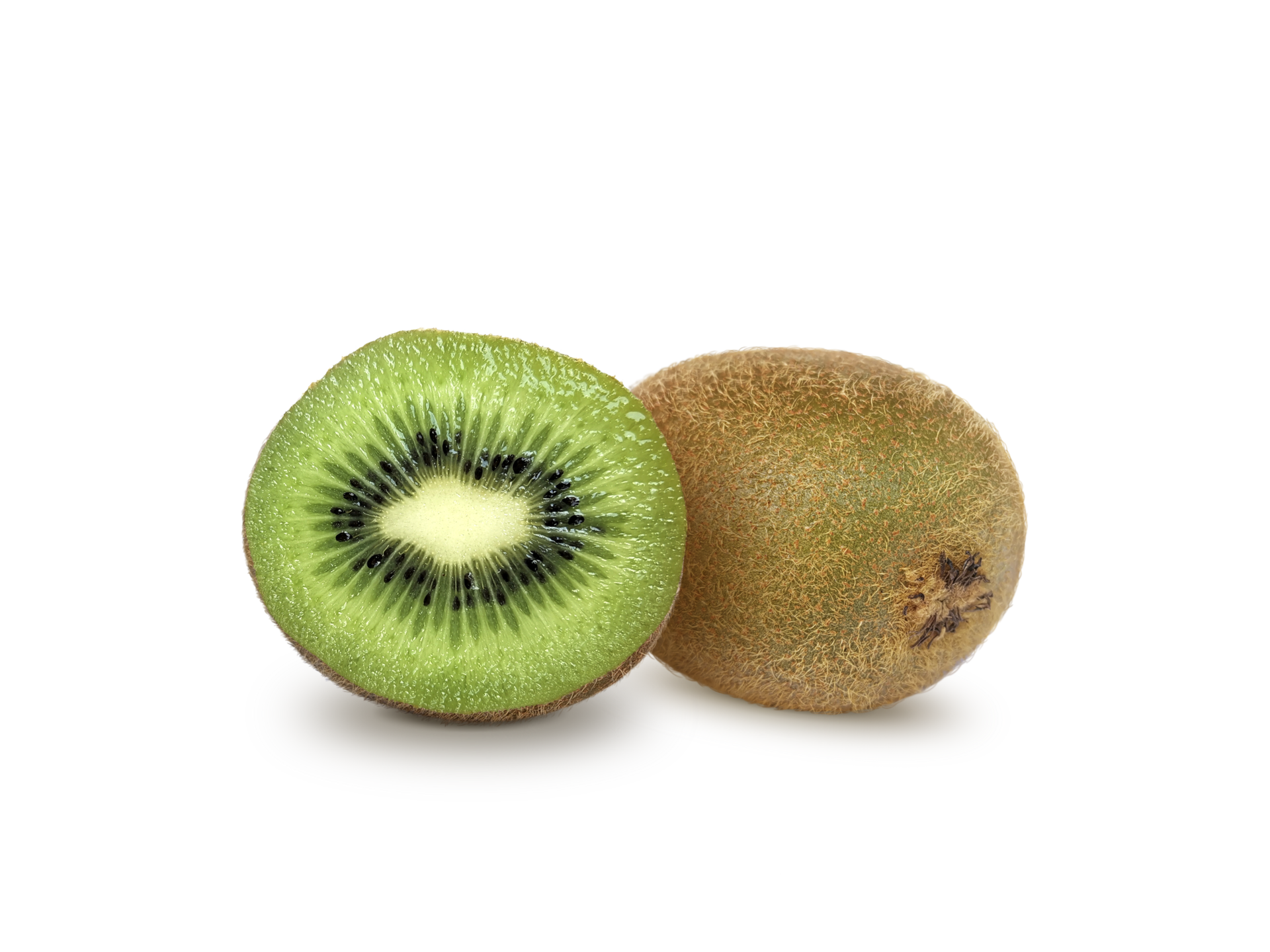 Ripe whole kiwi fruit and half kiwi fruit, transparent background