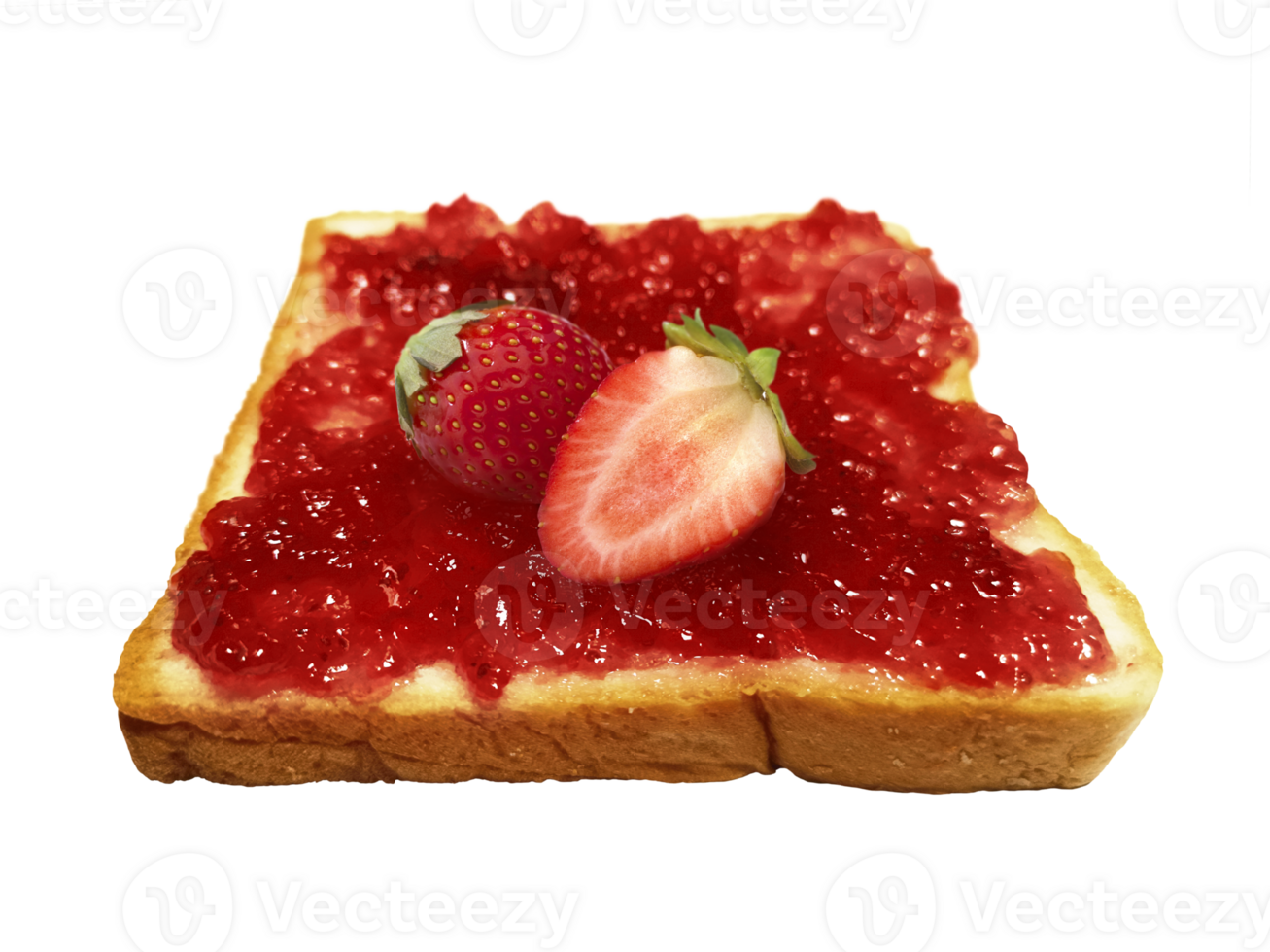 Fresh strawberry on slice of bread with strawberry jam, transparent background png