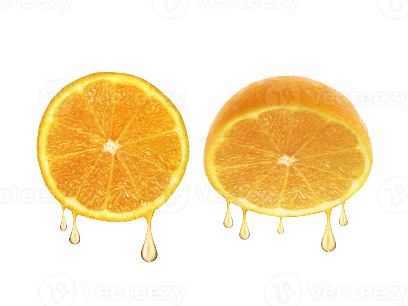drops of juice falling from orange half, transparent background png