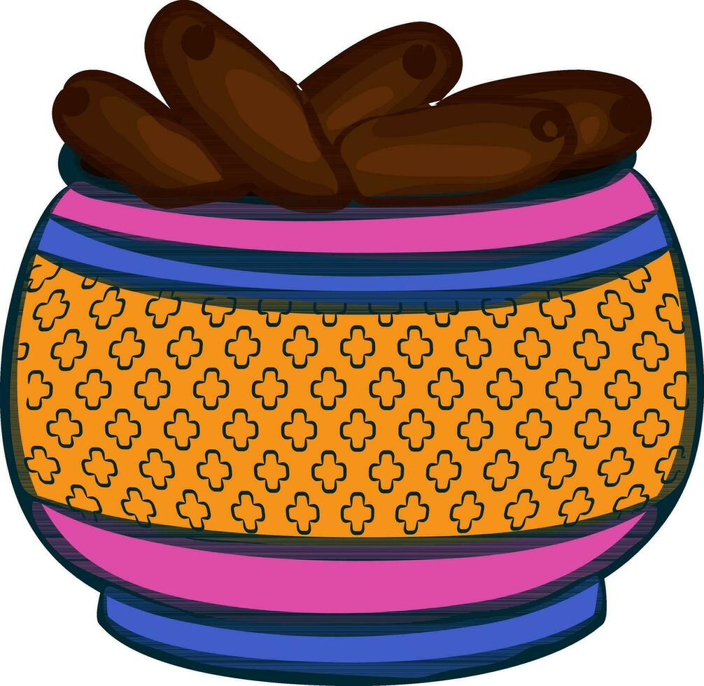 Sweet dates in colorful pot. vector