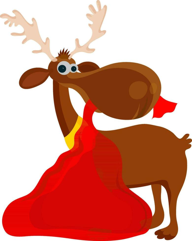 Cute reindeer with red gift sack. vector