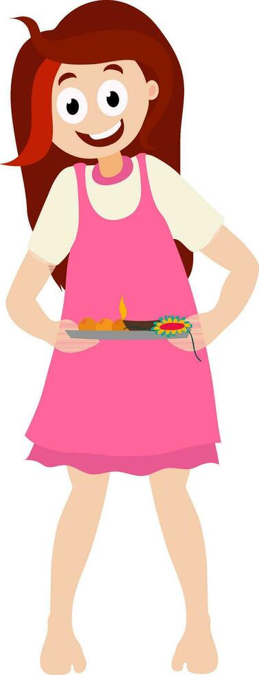 Funny character of a girl holding a plate of Rakhi. vector