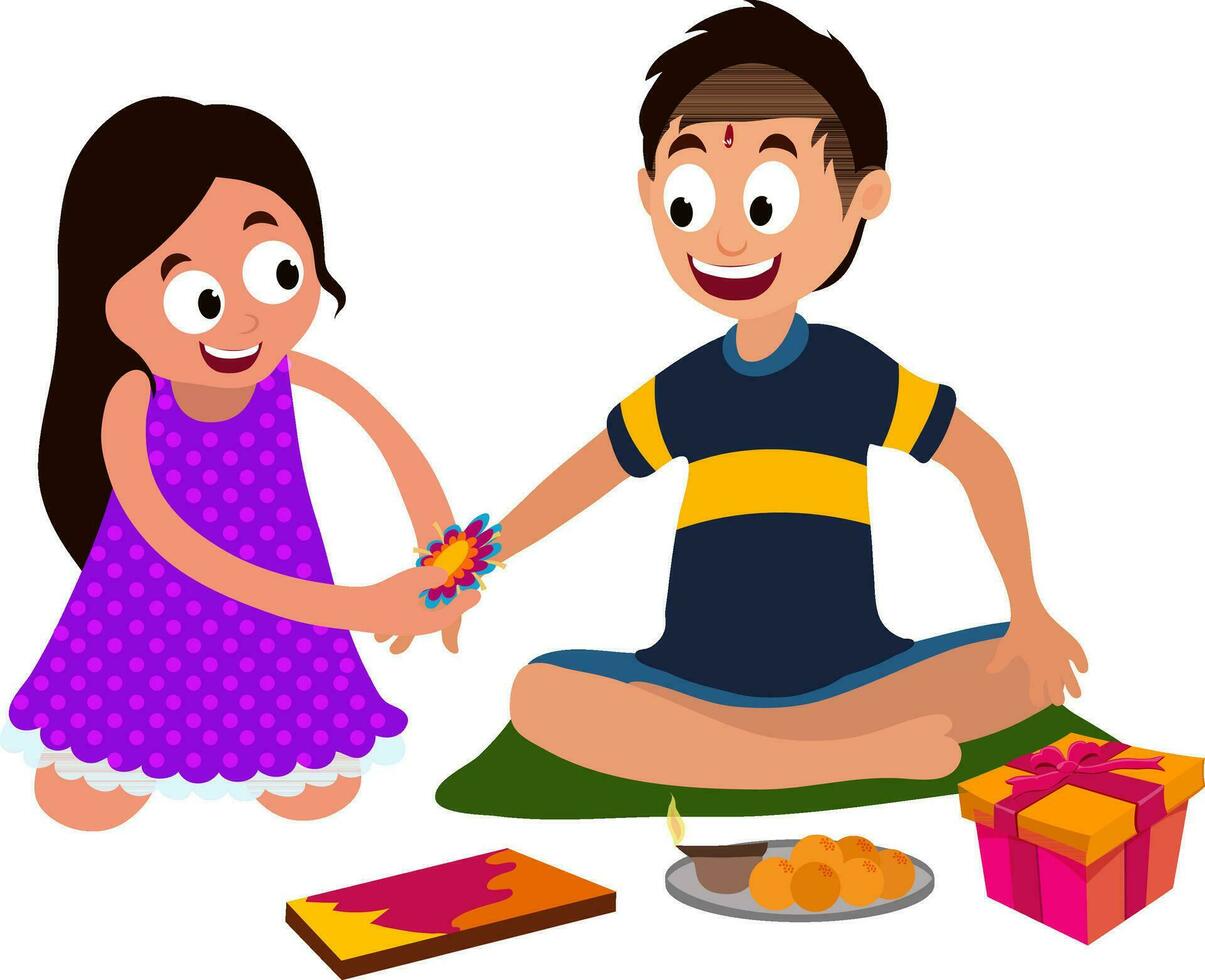 Character of sister tying Rakhi on her brother's wrist. vector