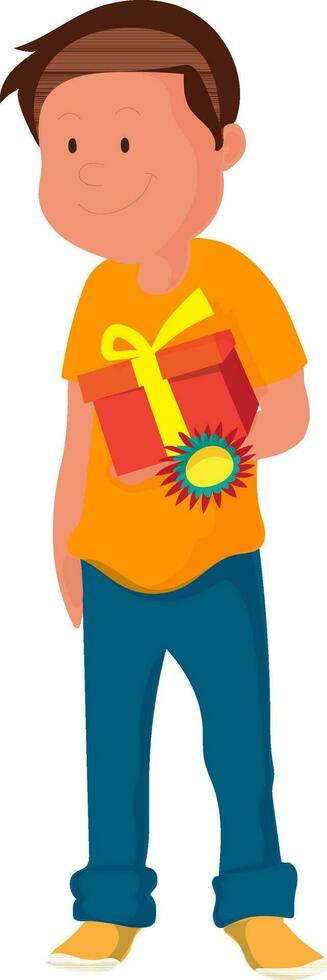 Cute boy wearing Rakhi and holding a gift box. vector