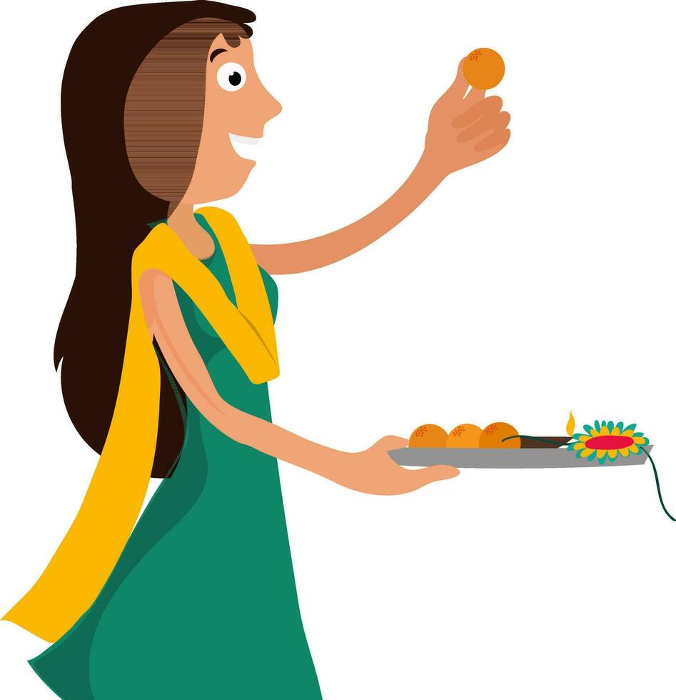 Cute happy Indian girl holding plate of Rakhi. vector
