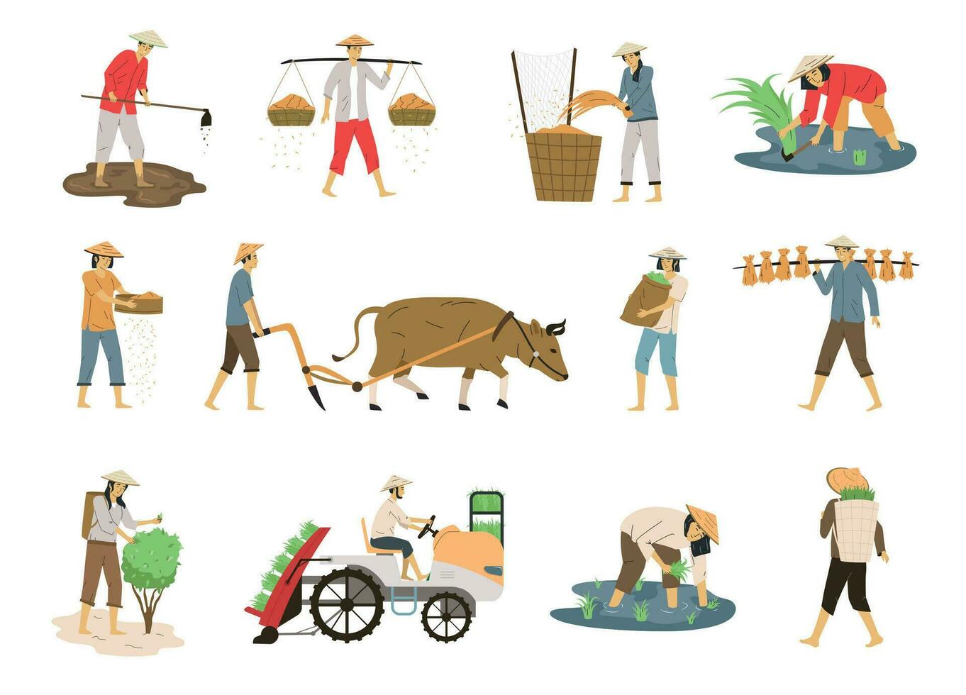 Asian Farmers Flat Set vector