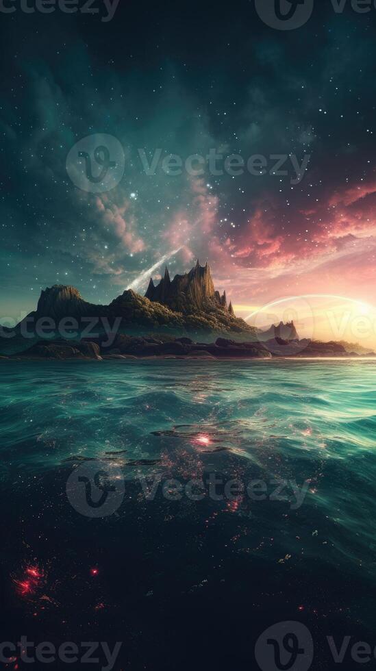 Colorful neon light space, illuminated stormy clouds, glowing geometric shape. abstract minimal background. photo
