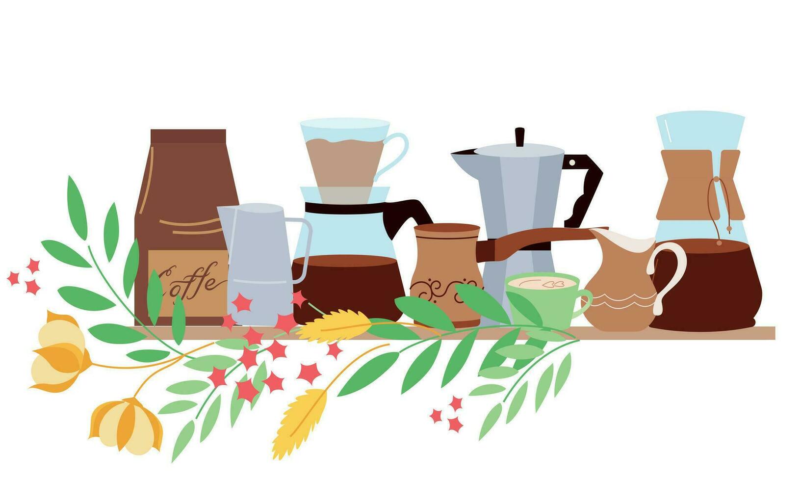 café utensilios de cocina plano composición vector