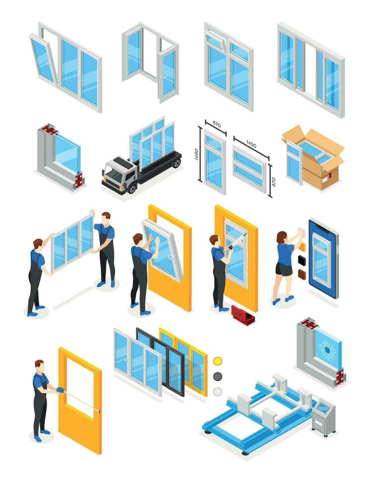 el plastico ventanas isométrica conjunto vector