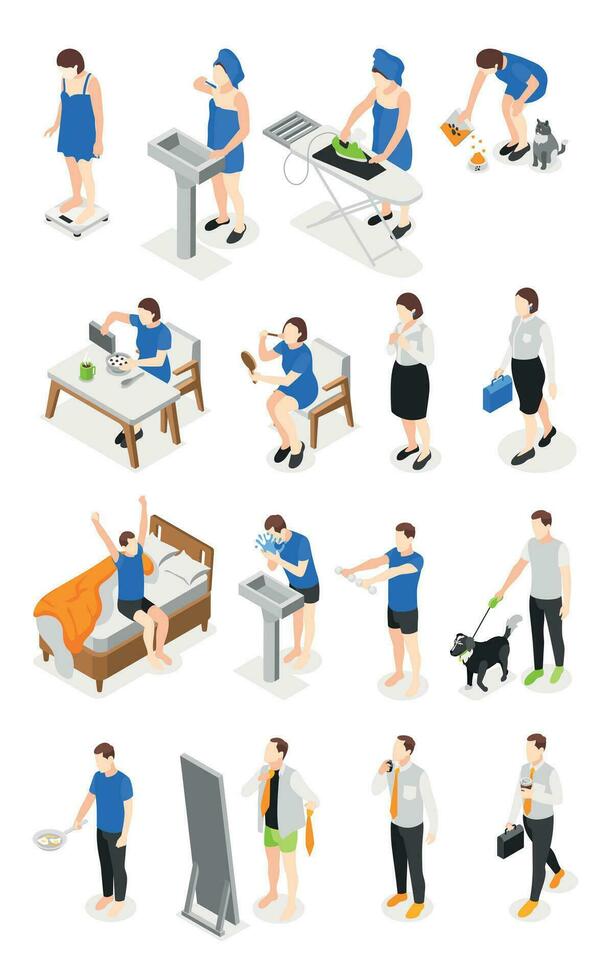 People Morning Routine Isometric Set vector