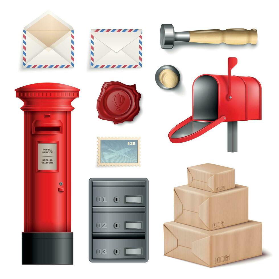 Realistic Post Office Icon Set vector