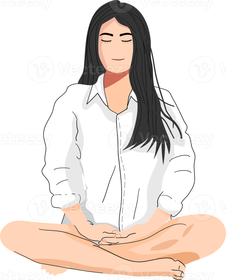 Woman wearing white shirt making meditation. png