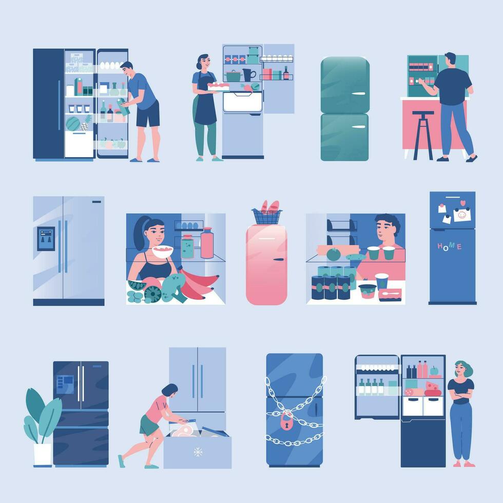 Fridge And People Color Set vector