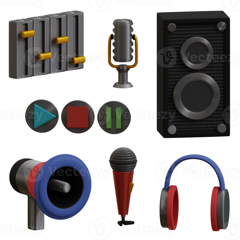 3d weergegeven radio reeks omvat koptelefoon, microfoon, versterker, megafoon perfect voor muziek- ontwerp project png