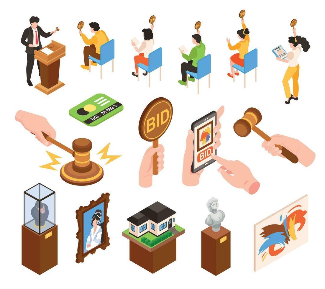 Isometric Auction Bids Set vector