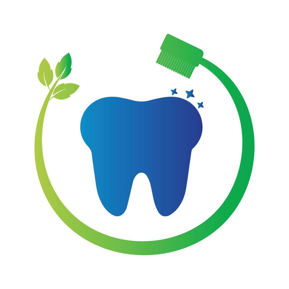 diente logo dental cuidado con cepillo y hoja vector ilustración