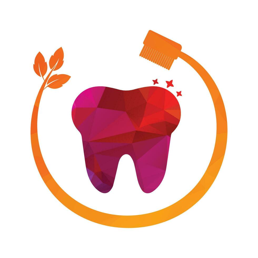 diente logo dental cuidado con cepillo de dientes y hoja vector ilustración