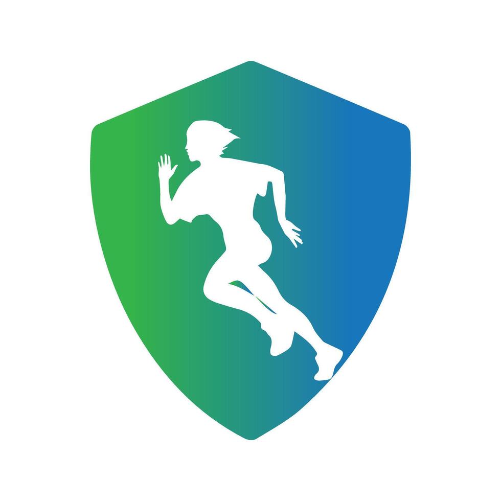 Running woman side view. vector illustration. inside the shape of shield green and blue color.