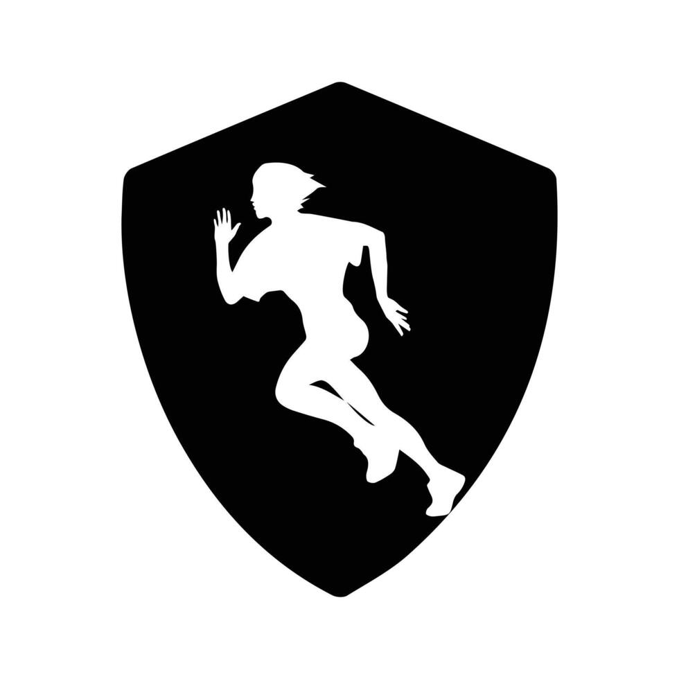 Running woman side view. vector illustration. inside the shape of shield black color.