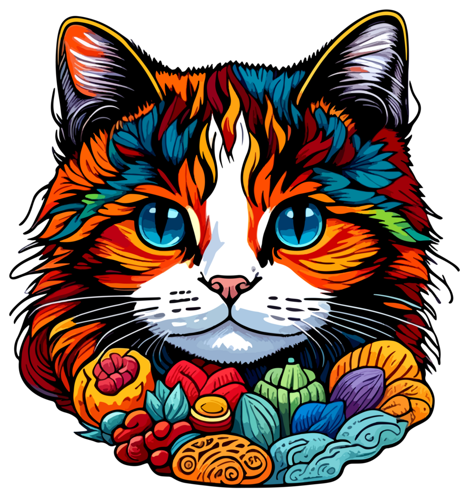 Colorful Illustration Art of Cat Face Sticker with png