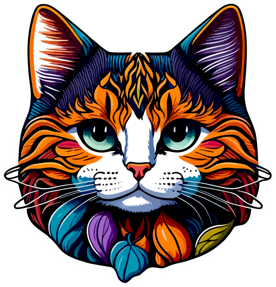 Cute Cat Face Sticker in Vibrant Color with AI Generative png