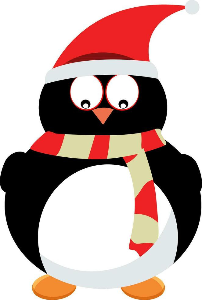 Cute little penguin wearing santa hat and scarf. vector