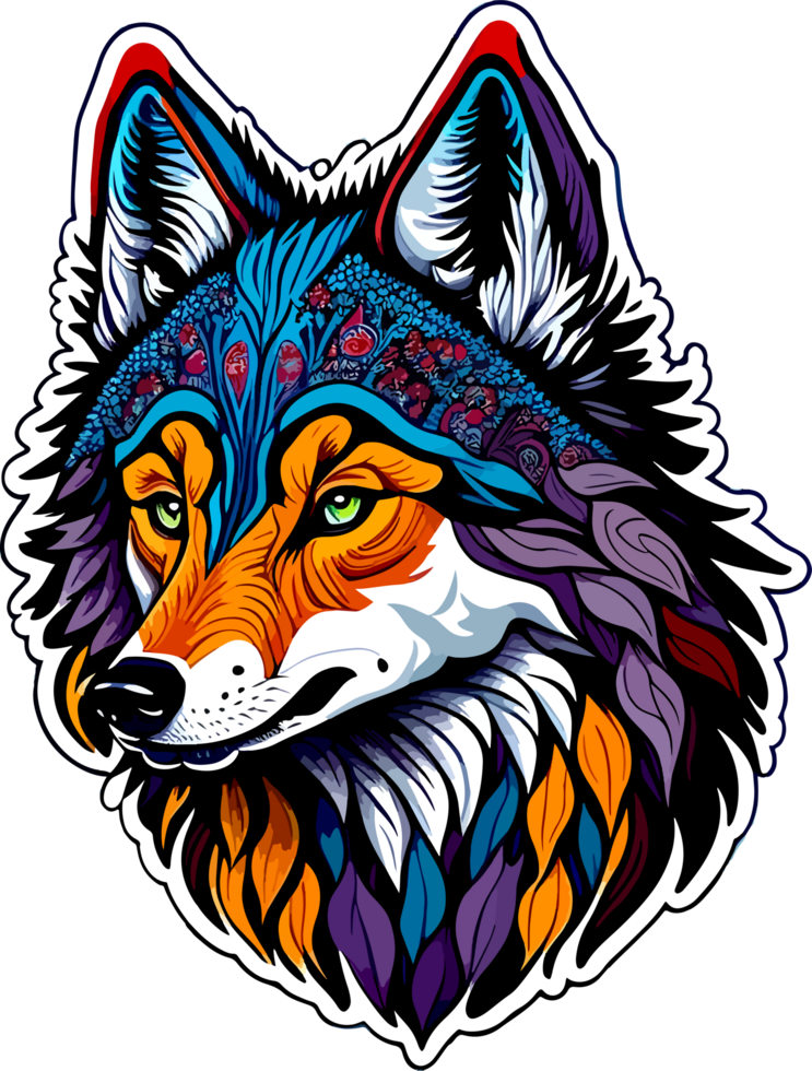 Wolf Face Illustration in Vibrant Color with AI Generative png