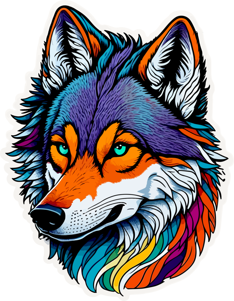 Colorful Vibrant Color Illustration of Wolf Head with png