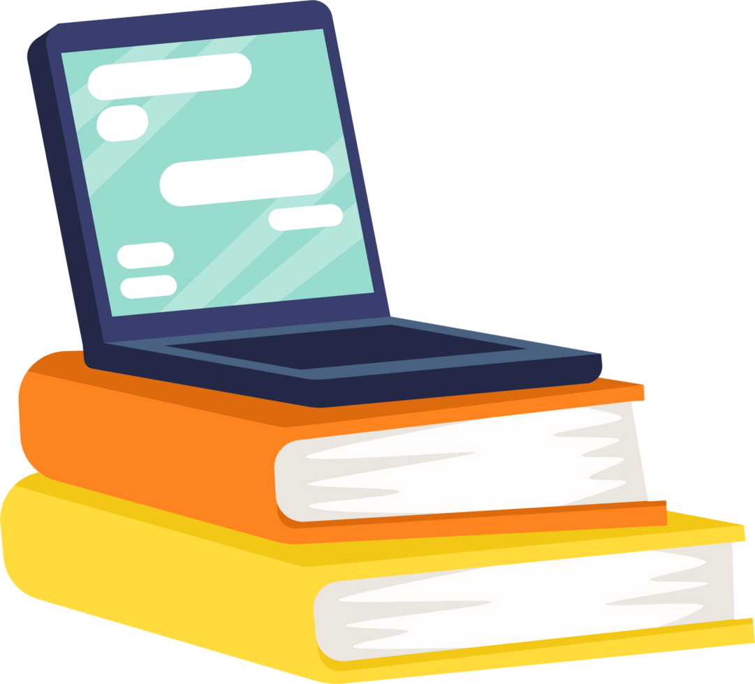 Laptop computer on book stack. flat style cartoon illustration. png