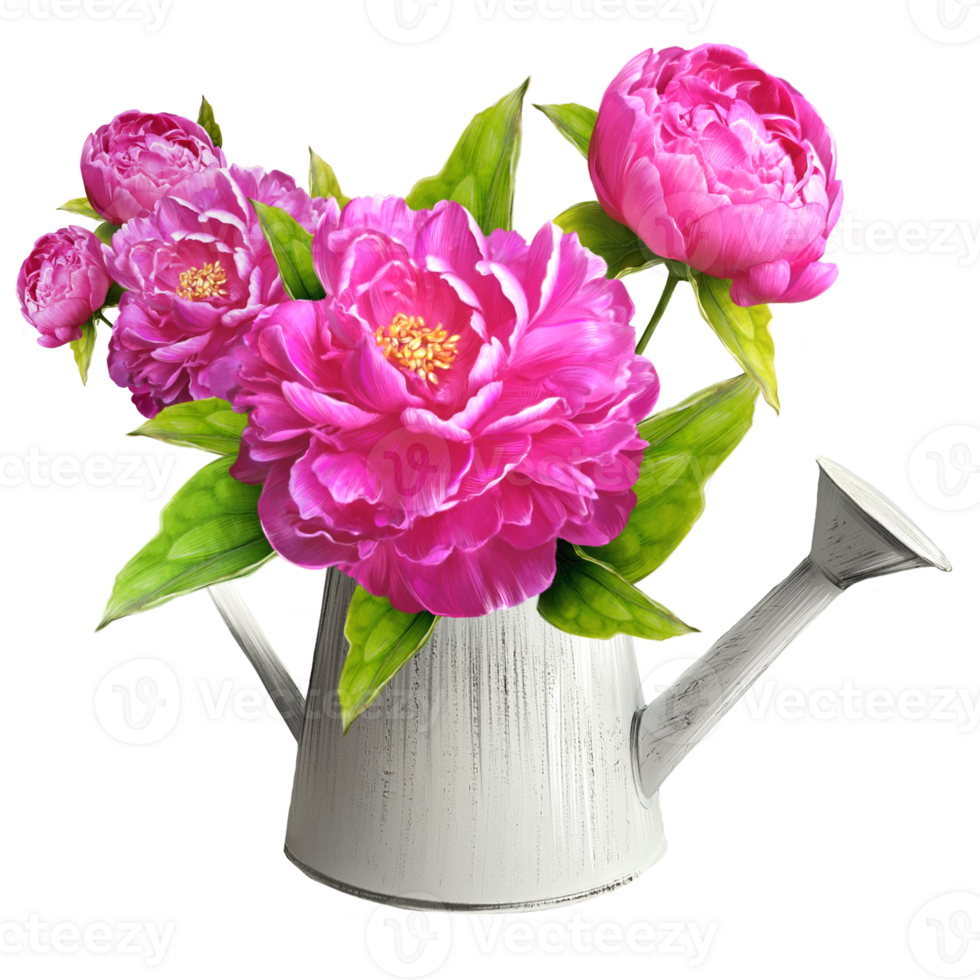 bouquet of peonies in a watering can illustration png