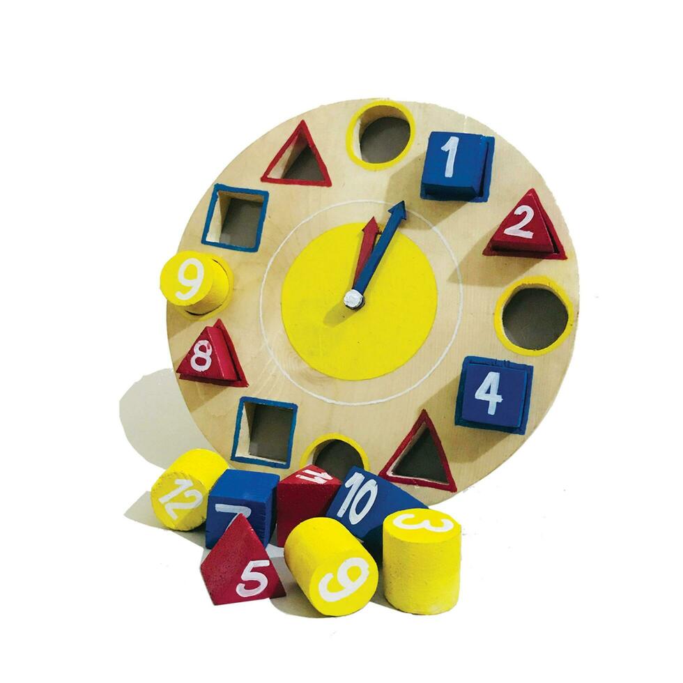 A wooden toy clock, eco-friendly and safe handmade puzzle for children development and learning photo