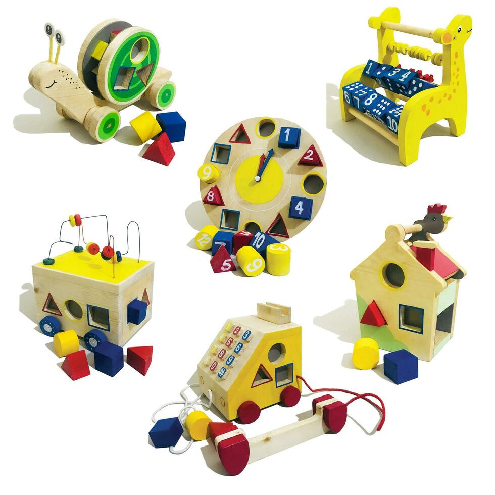 Set of wooden toys as gift, eco-friendly and handmade products for children development and  learning photo