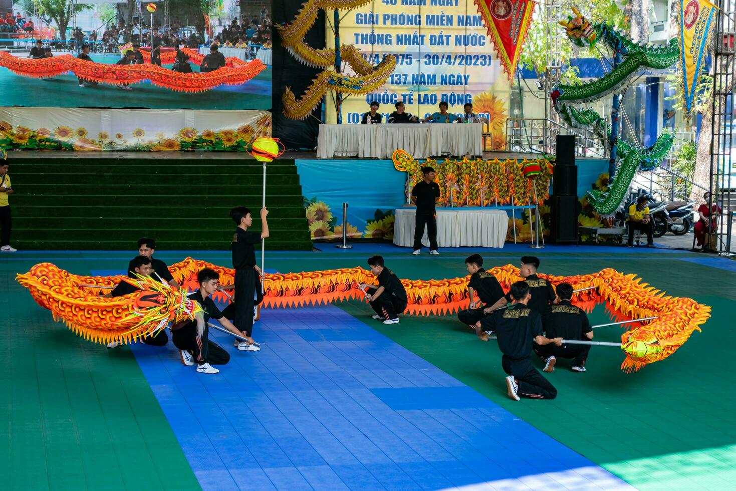 Ho Chi Minh, Viet Nam - 22 April 2023 Dragon dance, celebrate the new year. At the park photo