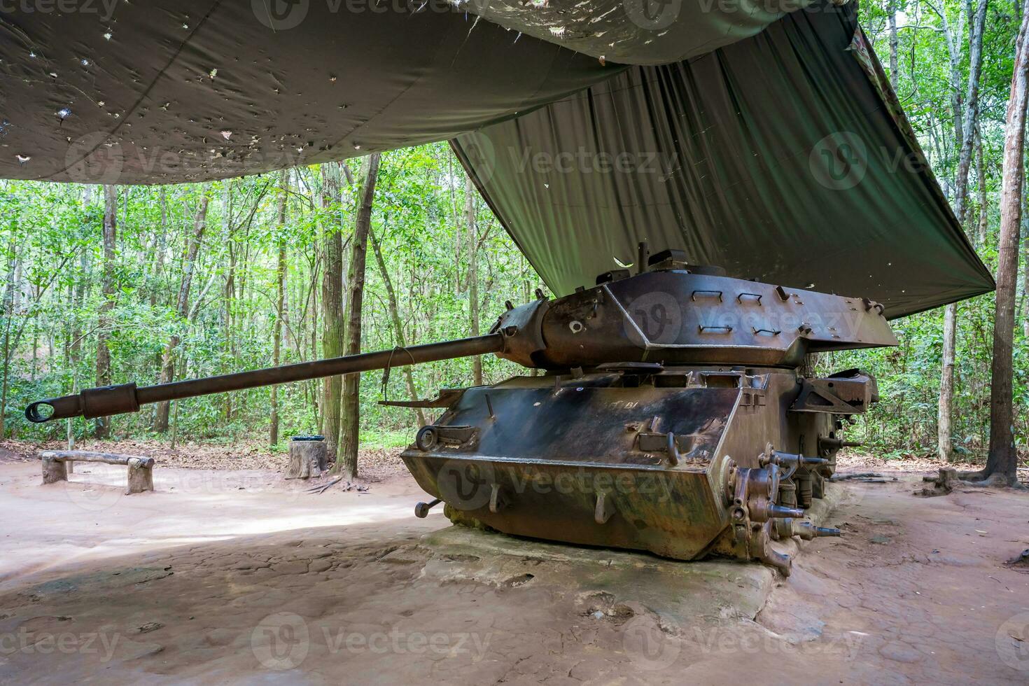 American Tank destroyed by Viet Congs in Cu Chi tunnel, Vietnam in 1970 photo